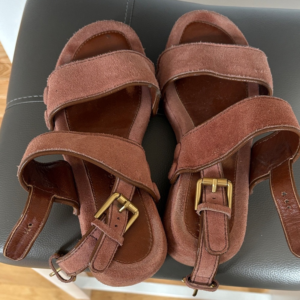 See by Chloe Pink Suede Sandals with Gold Buckles size 6